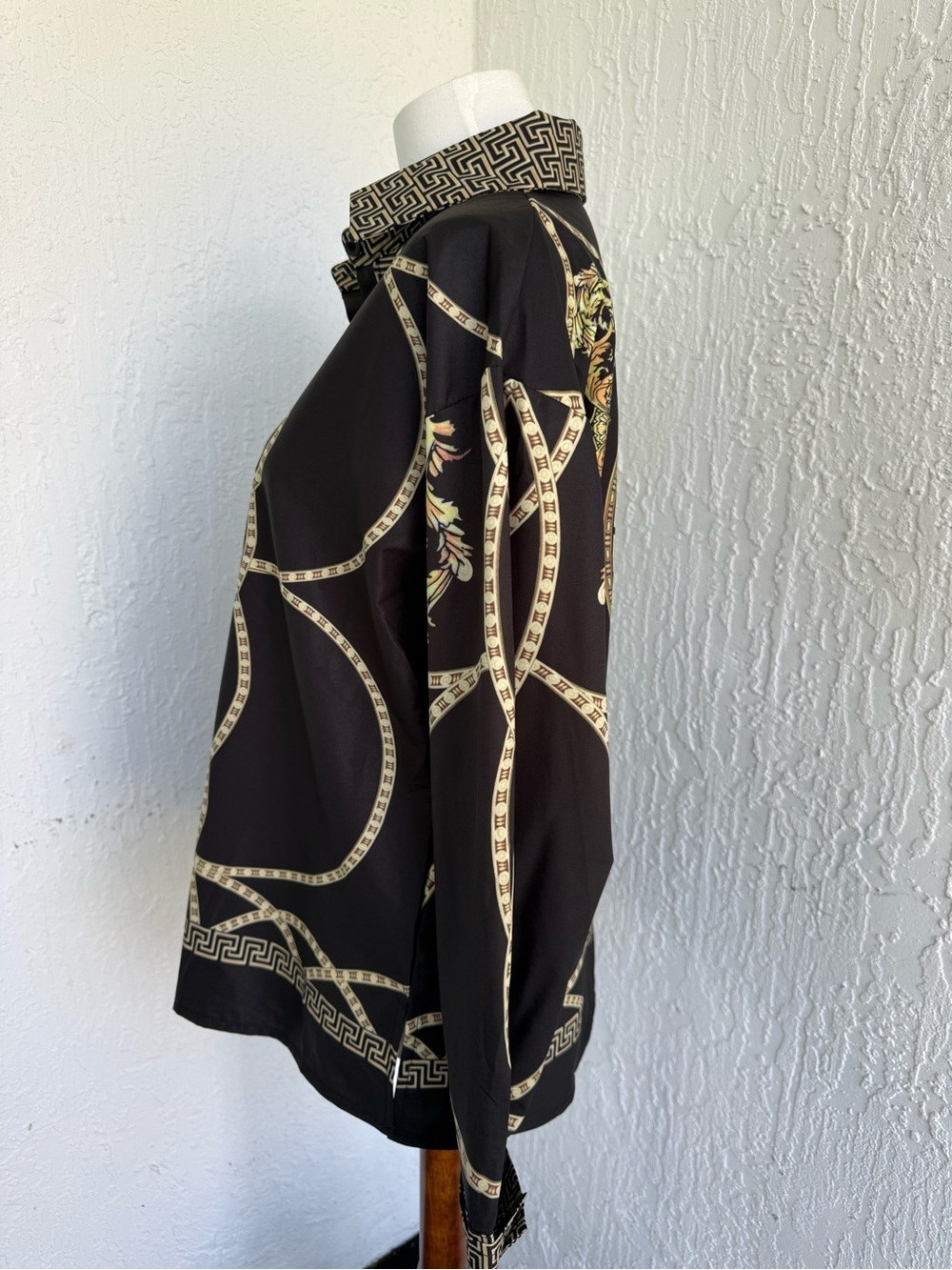 Baroque-Print Button-Up Shirt in Black and Gold - Picture 10 of 15